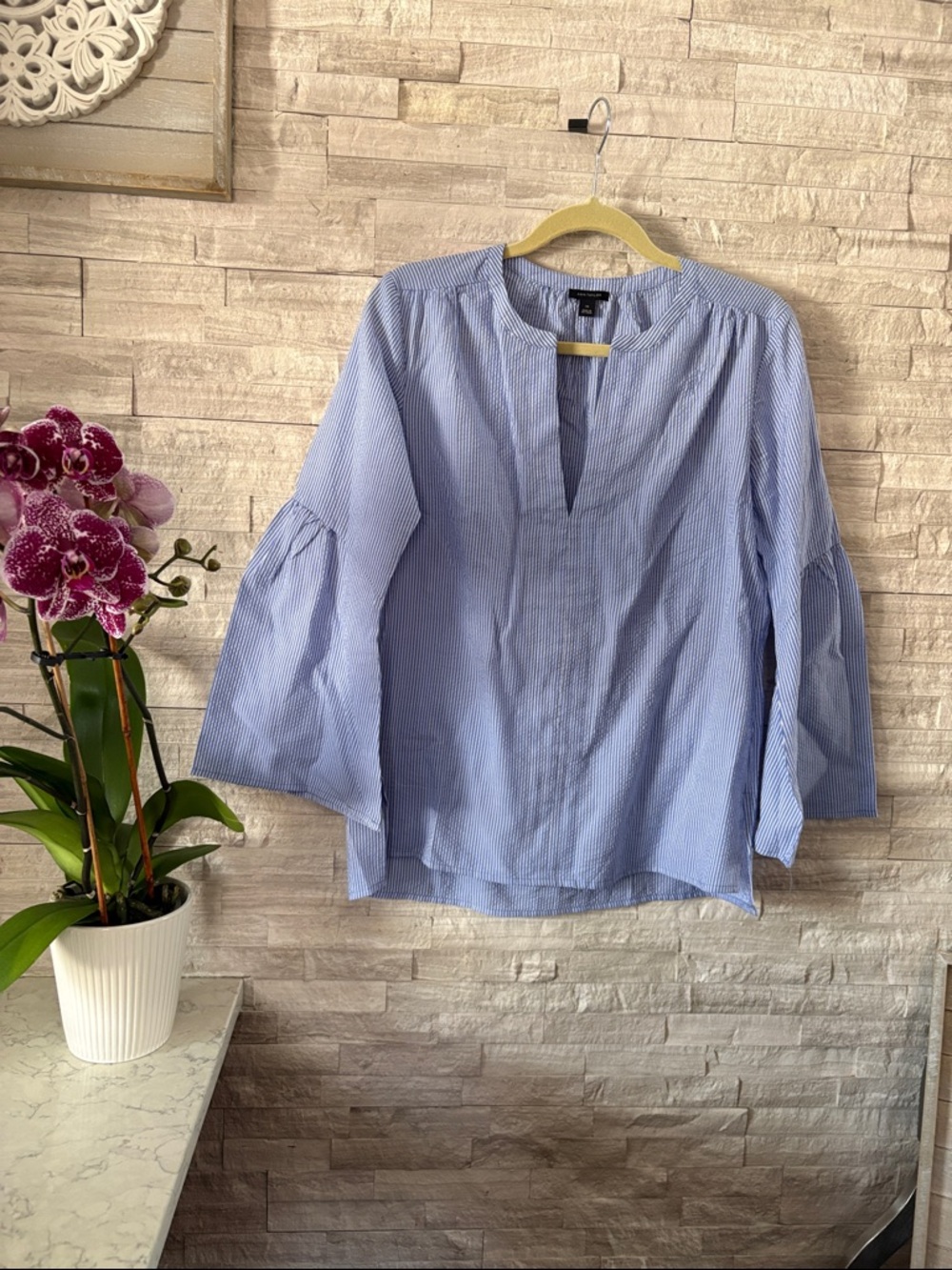 Ann Taylor Light Blue Pinstripe Balloon-Sleeve Blouse